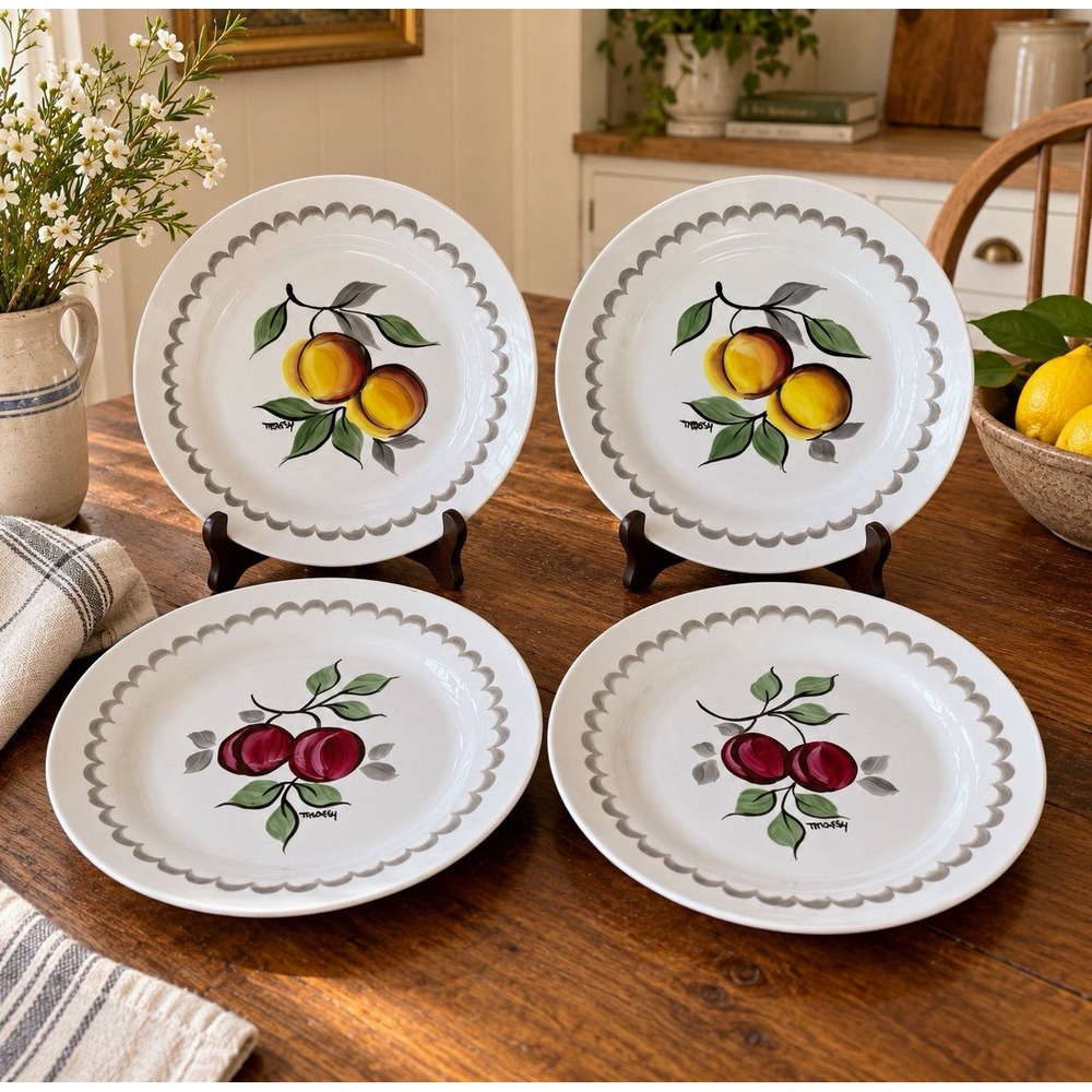 Arabia Finland Pomona Plates Set 4 Vintage Peach Plum Hand Painted 9.25in